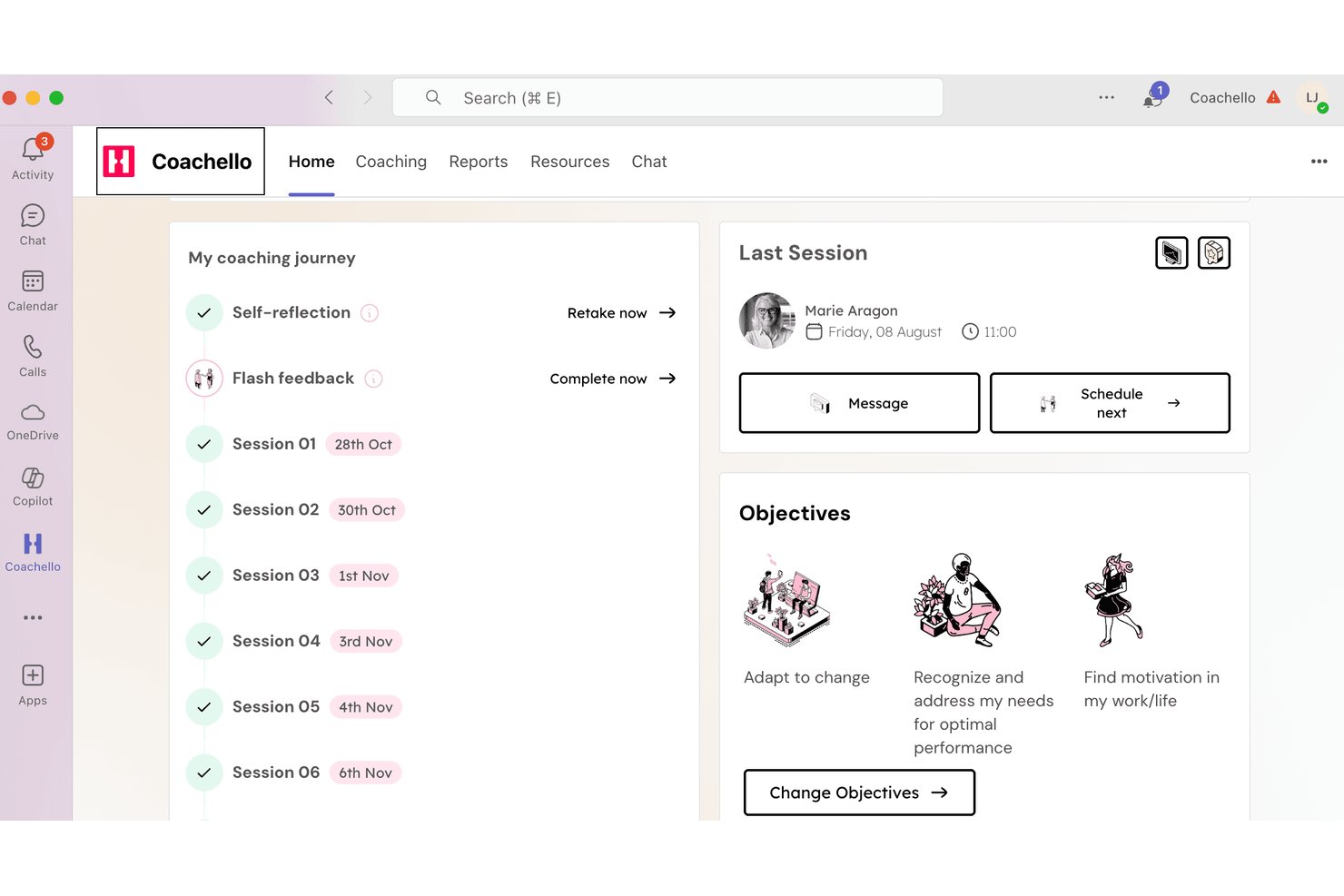 Coachello coaching dashboard showing session history, objectives, and last session details.