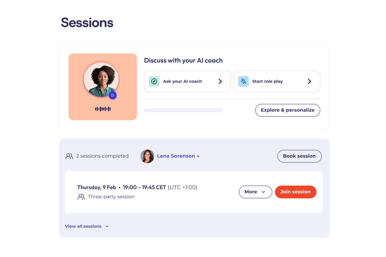 CoachHub sessions dashboard showing AI coach chat and upcoming session booking.