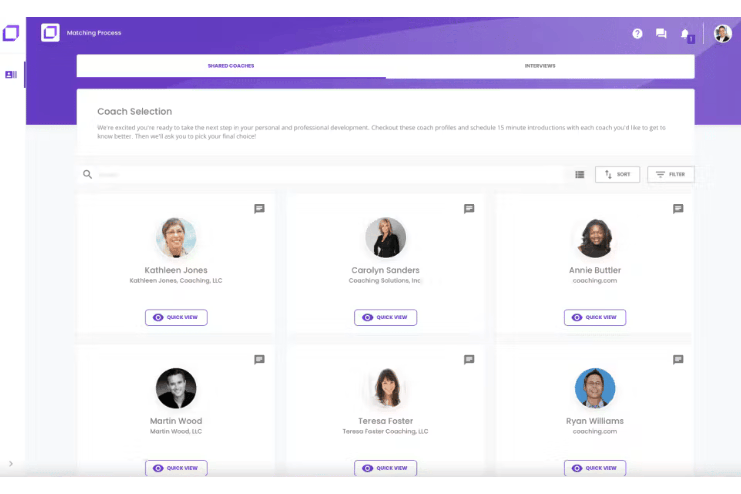 Coach selection grid showing six coach profiles with quick view buttons.