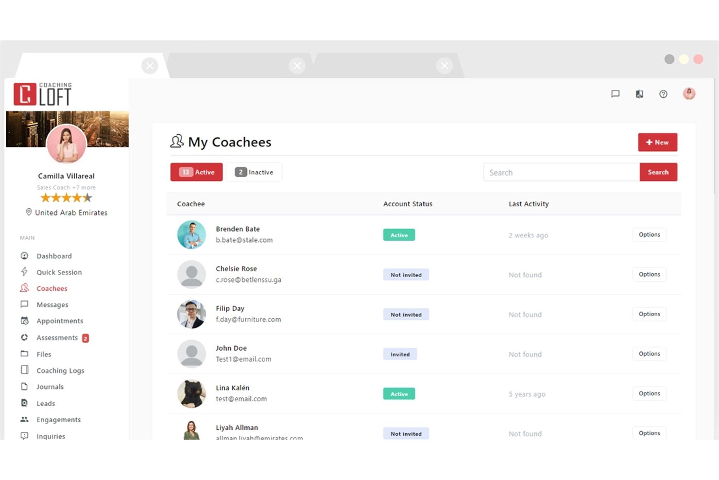 Coaching Loft dashboard showing a list of 13 active coachees with status and activity.