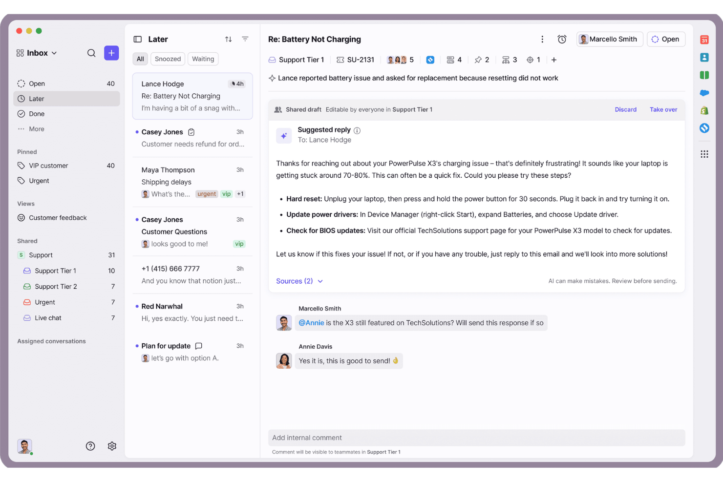 Posta in arrivo di Front che mostra una bozza e-mail condivisa con una risposta suggerita dall'AI e commenti del team.