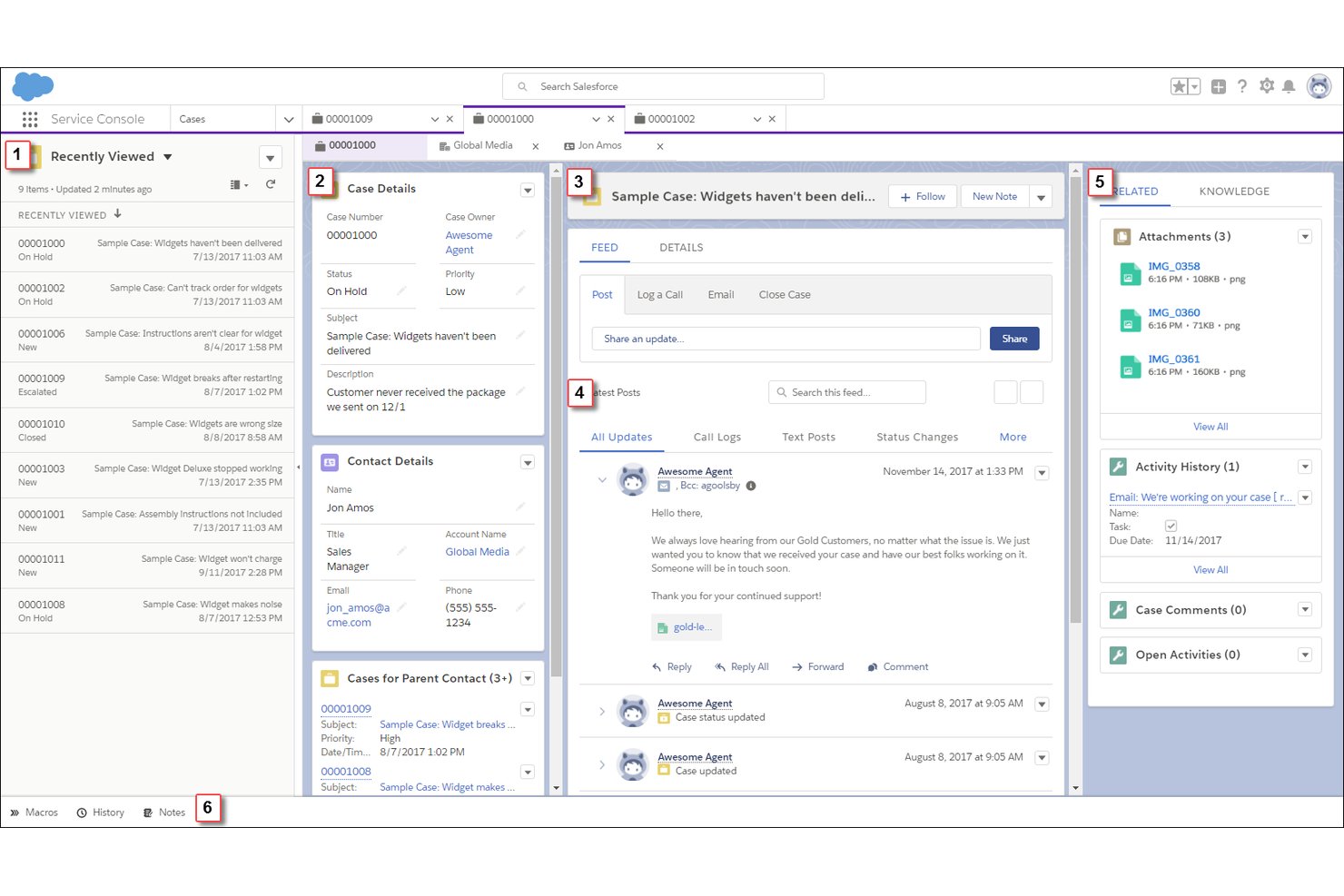 Console di Salesforce Service Cloud che mostra i dettagli del caso, il flusso e il pannello correlato.