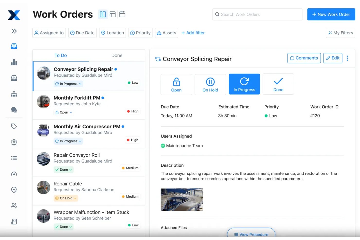 MaintainX work orders dashboard showing task list and repair order details panel.