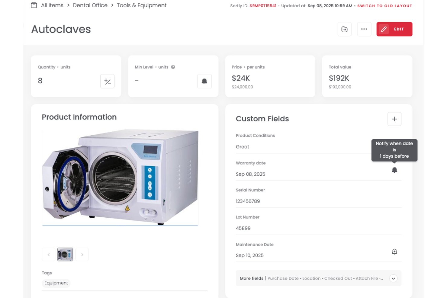 Sortly asset detail page showing maintenance date alert and custom fields.