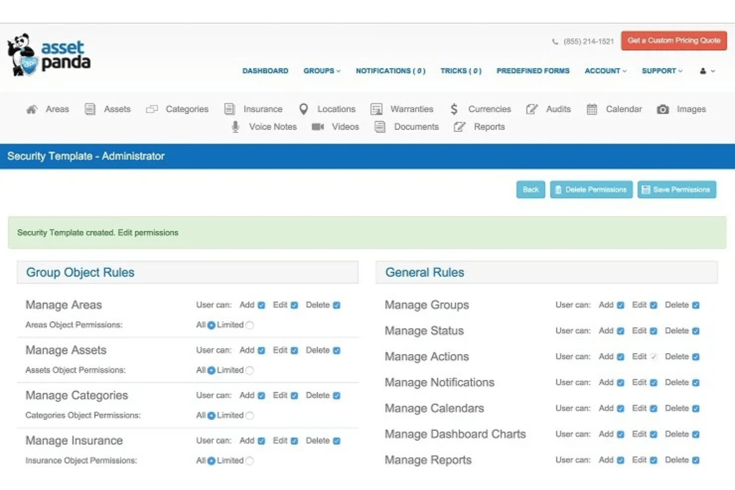 Asset Panda security template showing admin permissions for group and general rules.