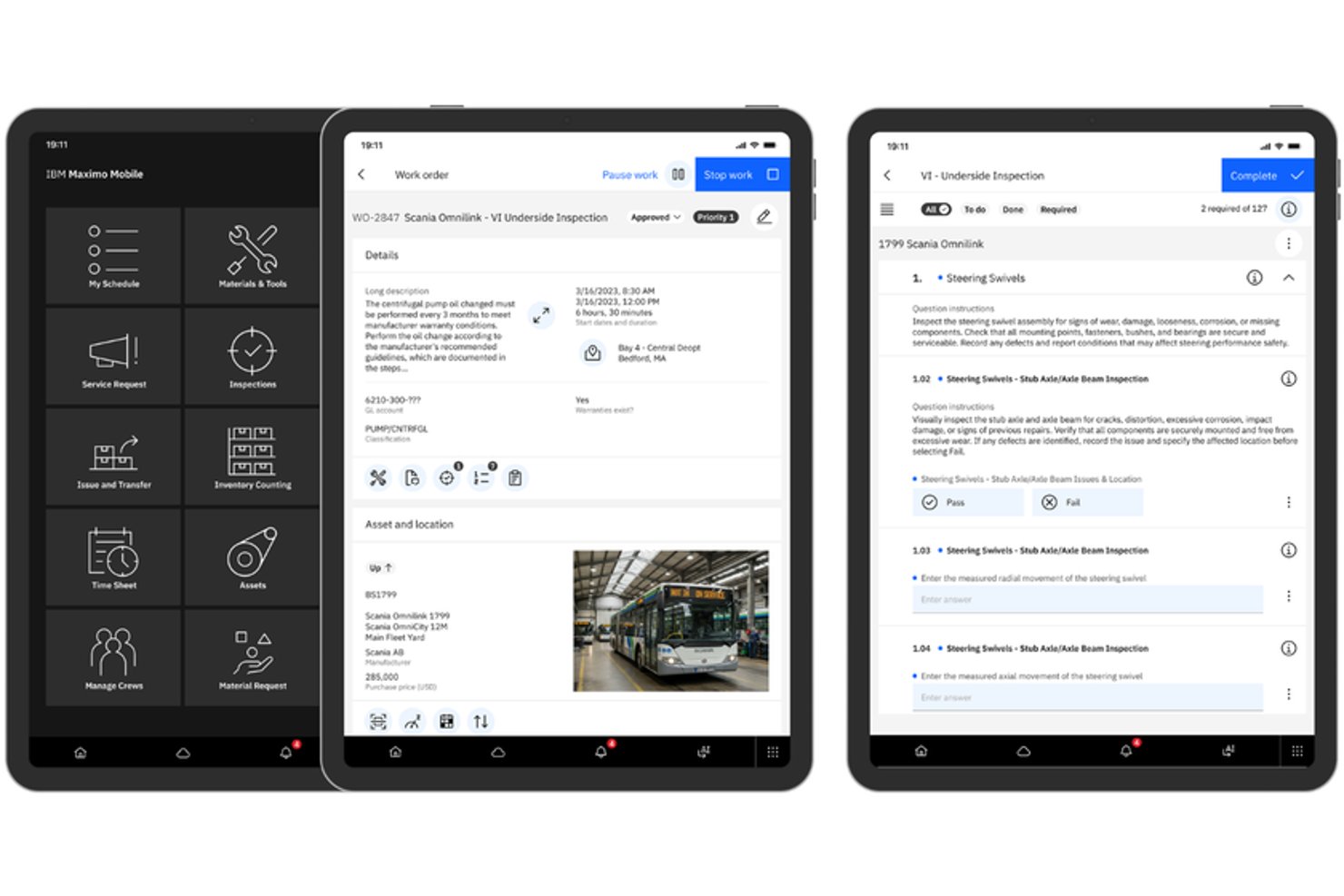 IBM Maximo Mobile app showing work order details and inspection checklist on tablets.