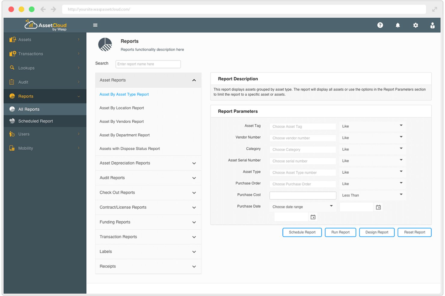 AssetCloud Reports screen showing asset report parameters and filter options.