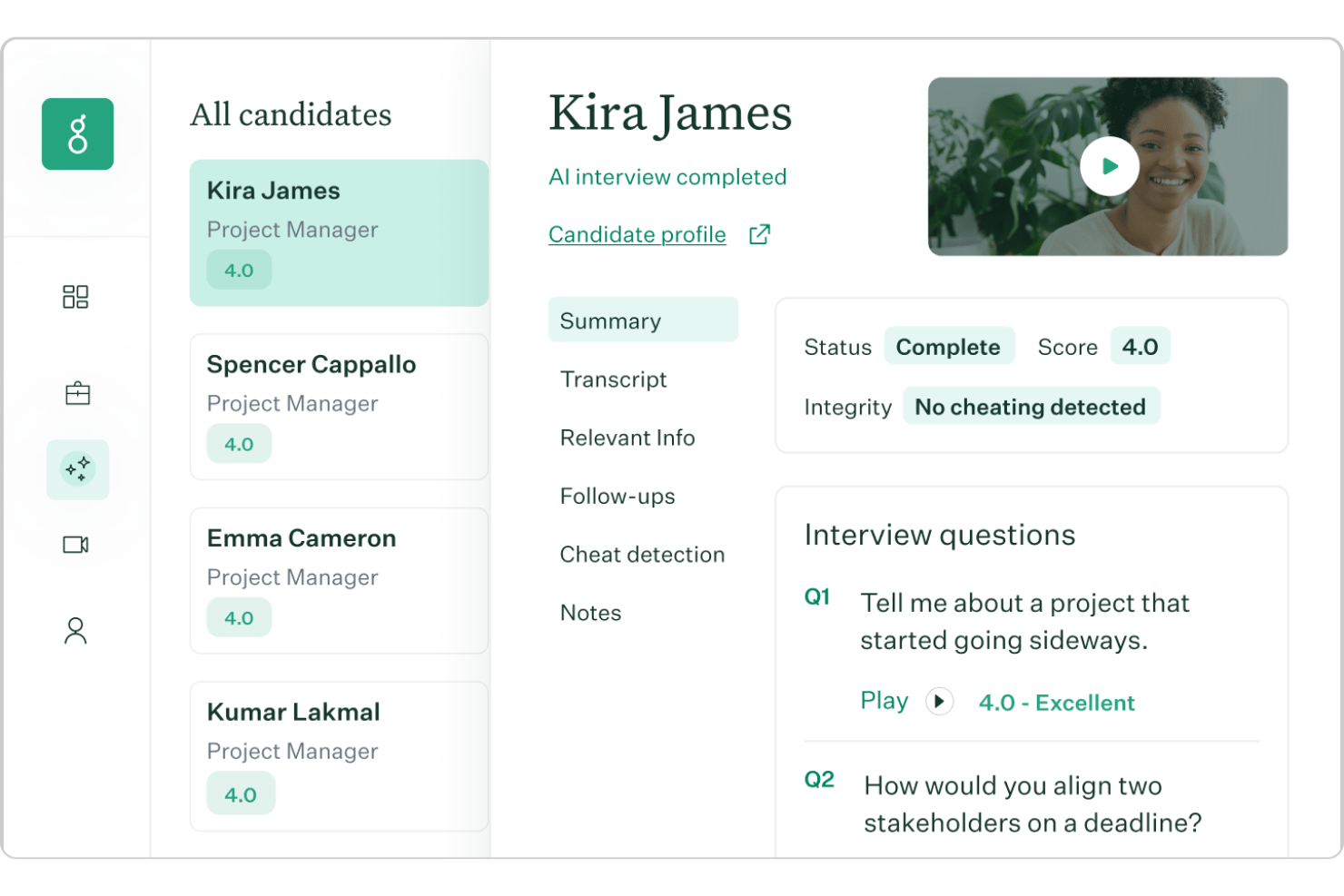 AI interview platform showing candidate Kira James with score 4.0 and no cheating detected.