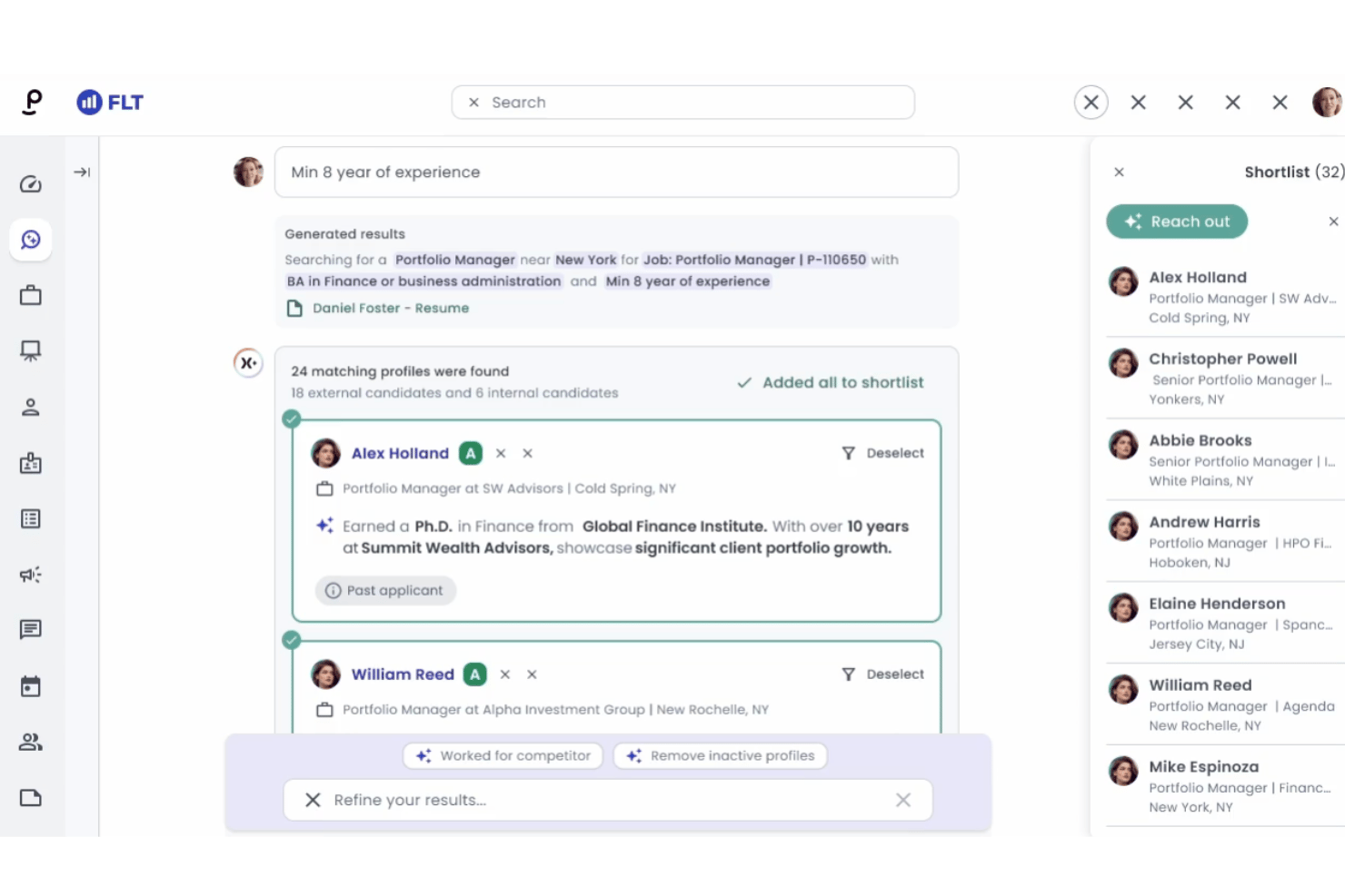 AI recruitment tool showing candidate search results and shortlist panel with 32 profiles.