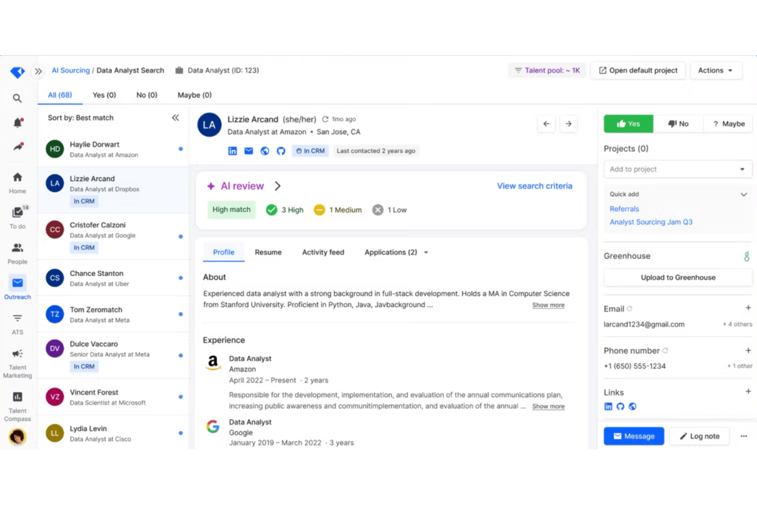 AI sourcing tool showing candidate profile with match scores and CRM status.