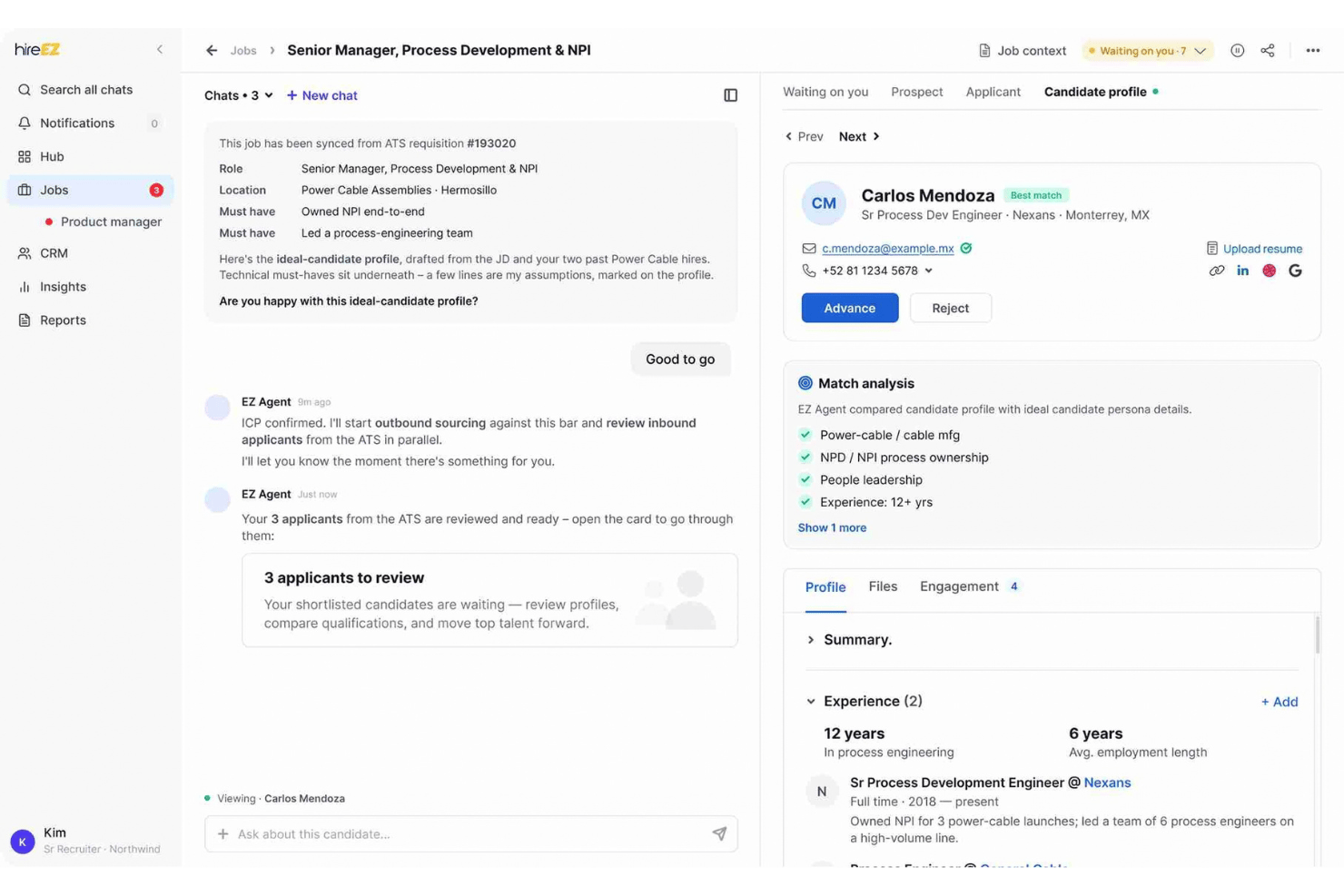 hireEZ recruiter dashboard showing AI agent chat, candidate profile, and match analysis.