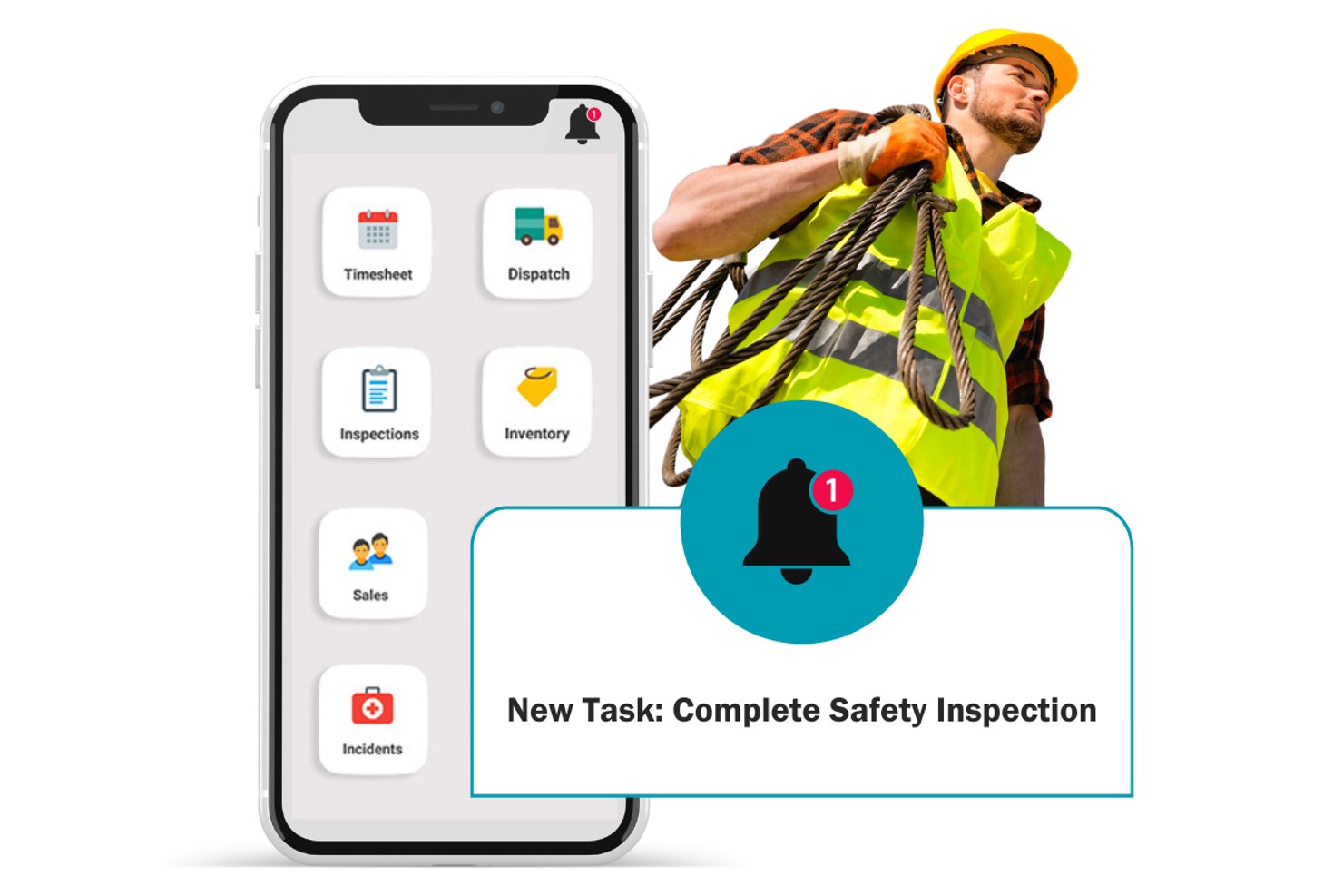 Die mobile App von Appenate zeigt Menüsymbole und eine Push-Benachrichtigung zu einer Sicherheitsinspektion.