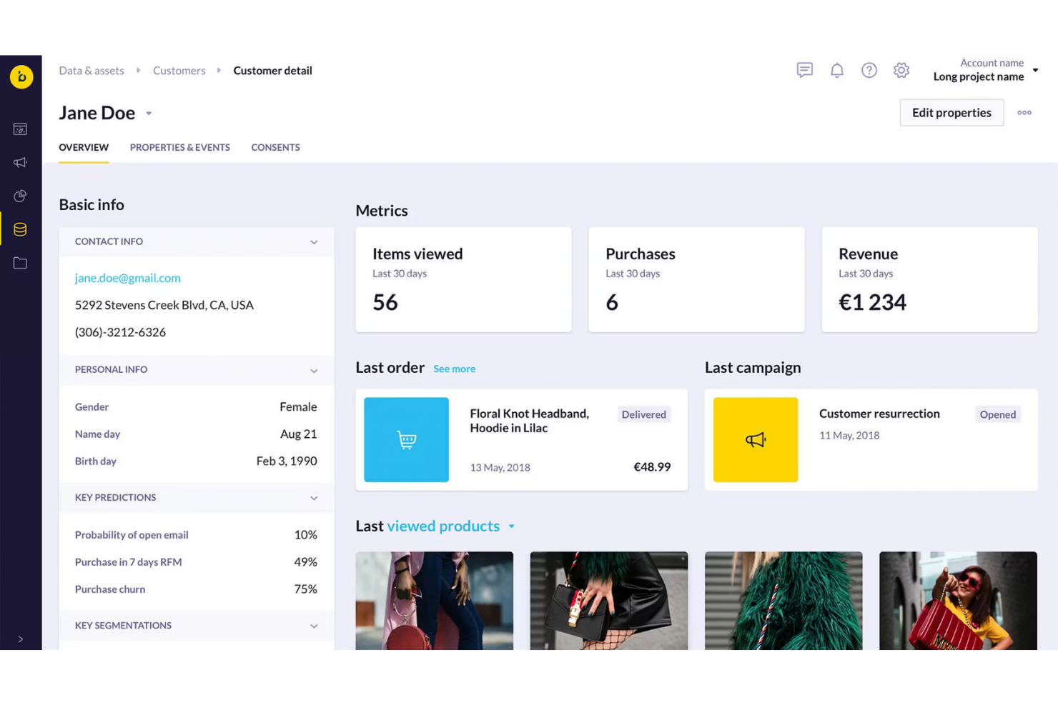 Dashboard met klantgegevens met statistieken, laatste bestelling, campagne en bekeken producten.