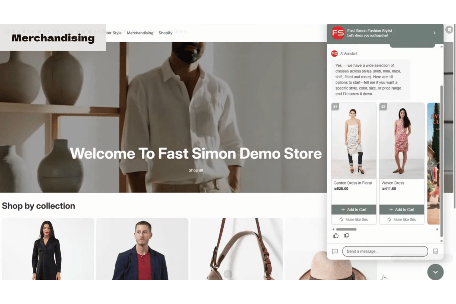 Demowinkel van Fast Simon met chat van de AI-modeassistent die jurkaanbevelingen toont.