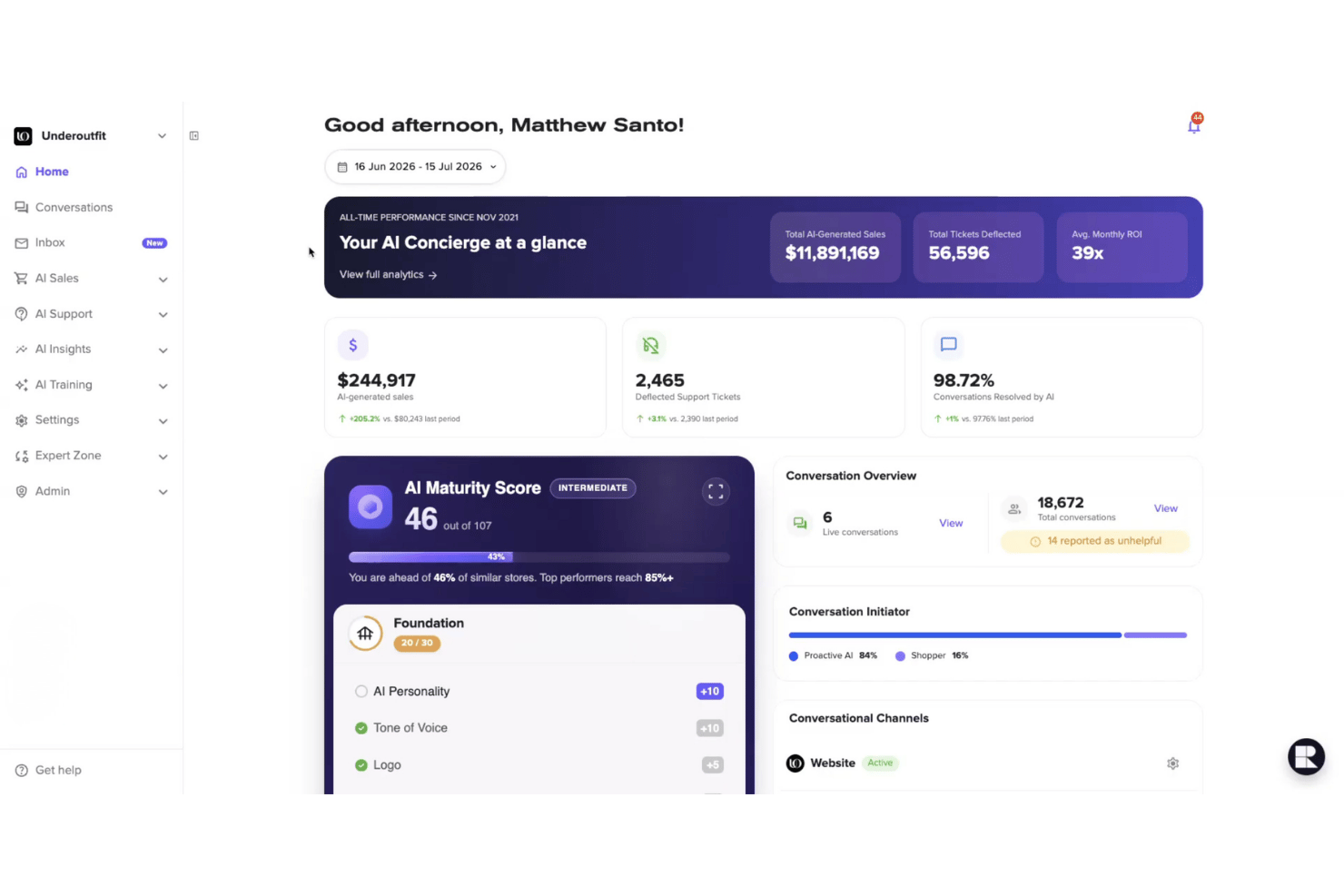 Rep-AI-Dashboard mit KI-generierten Verkäufen, abgewendeten Support-Tickets und Reifegradbewertung.