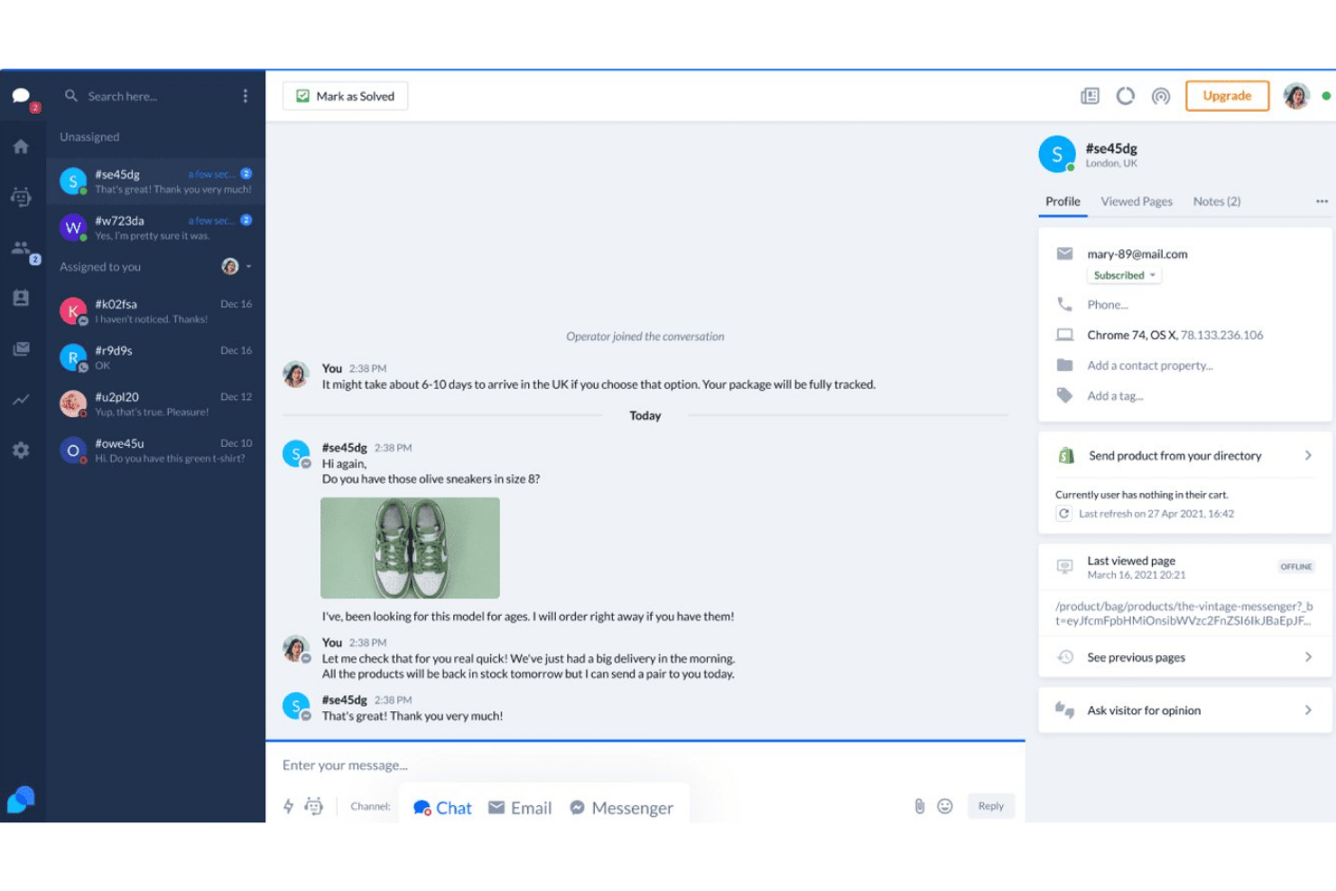 Livechatinterface van Tidio met een klantgesprek over olijfkleurige sneakers.