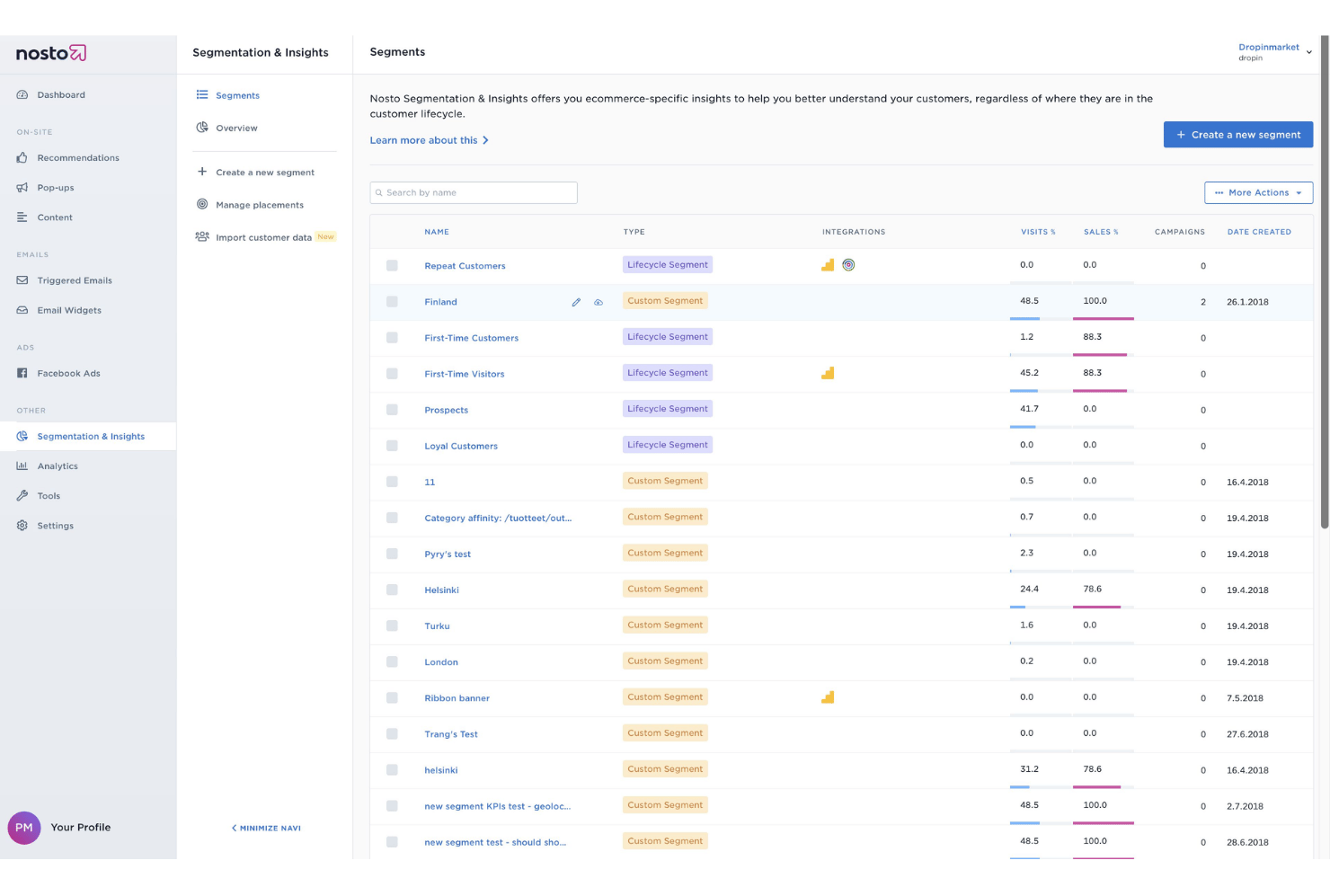 Nosto-dashboard voor segmentatie en inzichten met een lijst klantsegmenten en statistieken.