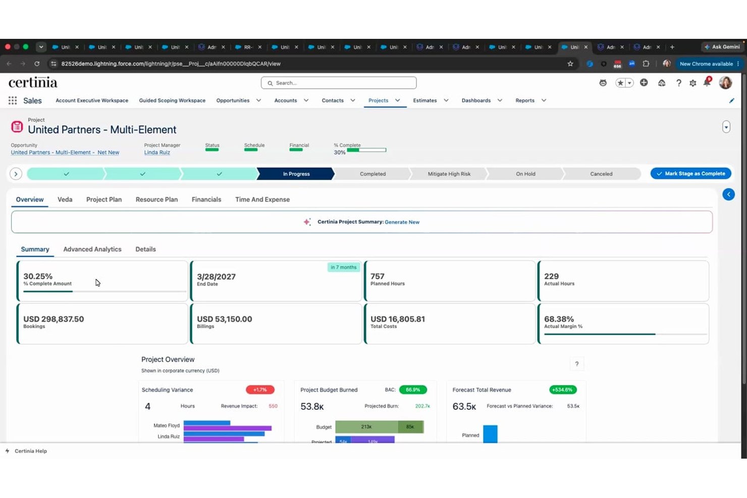 Certinia PS Cloud project overview dashboard showing financials, hours, and progress metrics.