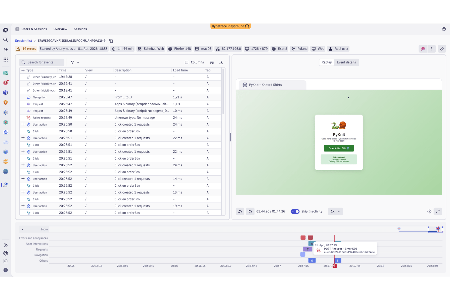Riproduzione di una sessione Dynatrace che mostra i clic dell'utente e una sequenza temporale con errore POST 500.