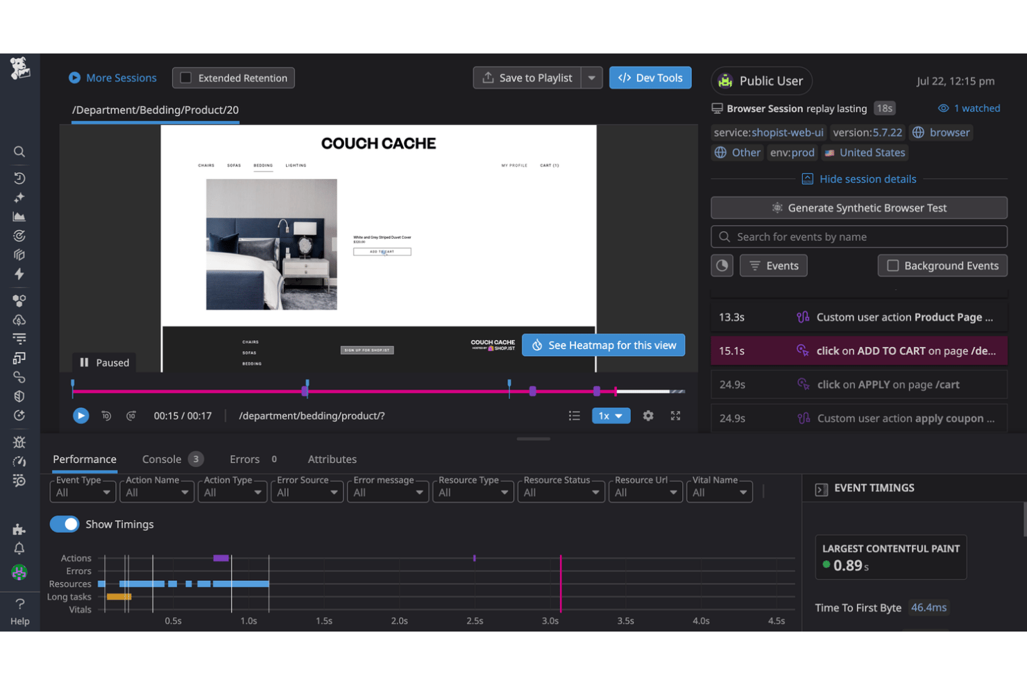 Datadog session replay of an e-commerce bedding product page with performance timings panel.