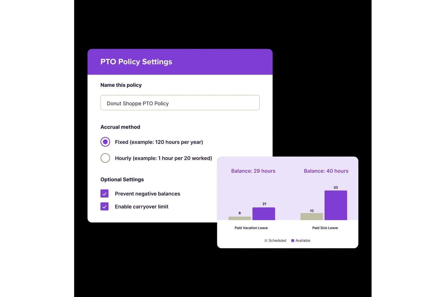 Homebase PTO policy settings form with accrual method options and leave balance chart.