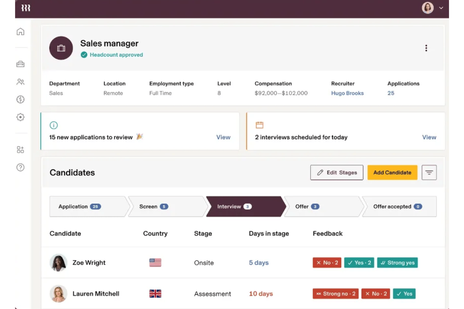 Rippling ATS showing Sales Manager job with candidate pipeline and interview stages.