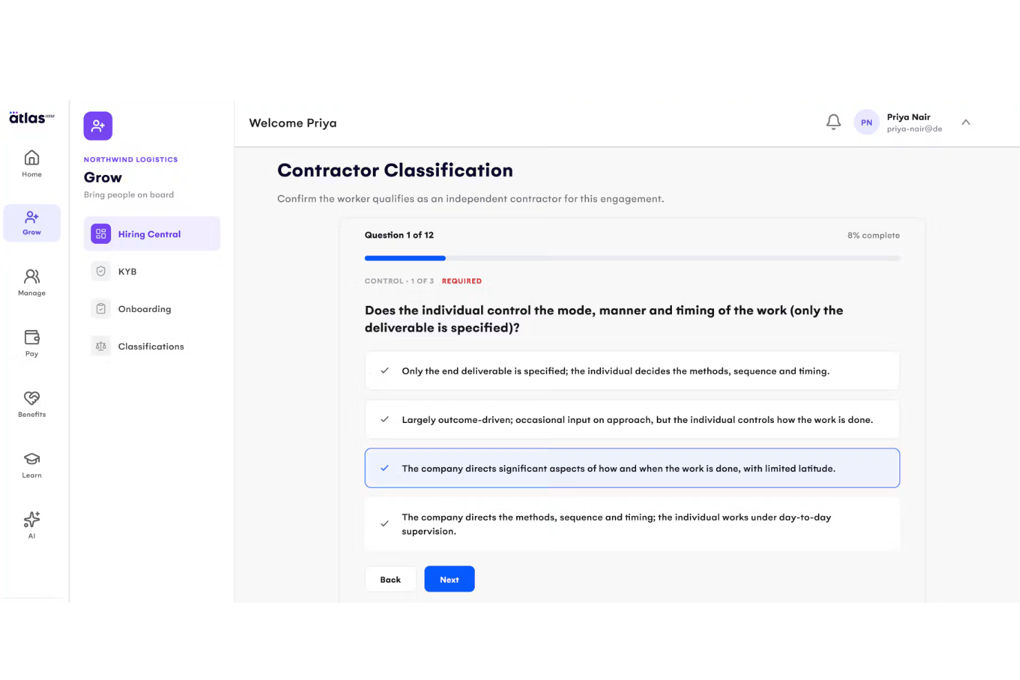 Contractor classification quiz in Atlas HXM showing question 1 of 12 with four answer options.