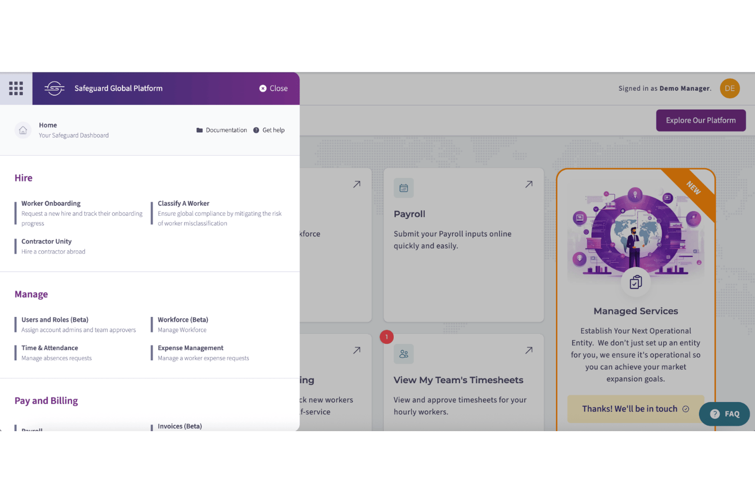 Safeguard Global platform dashboard showing hire, manage, and pay navigation menu.