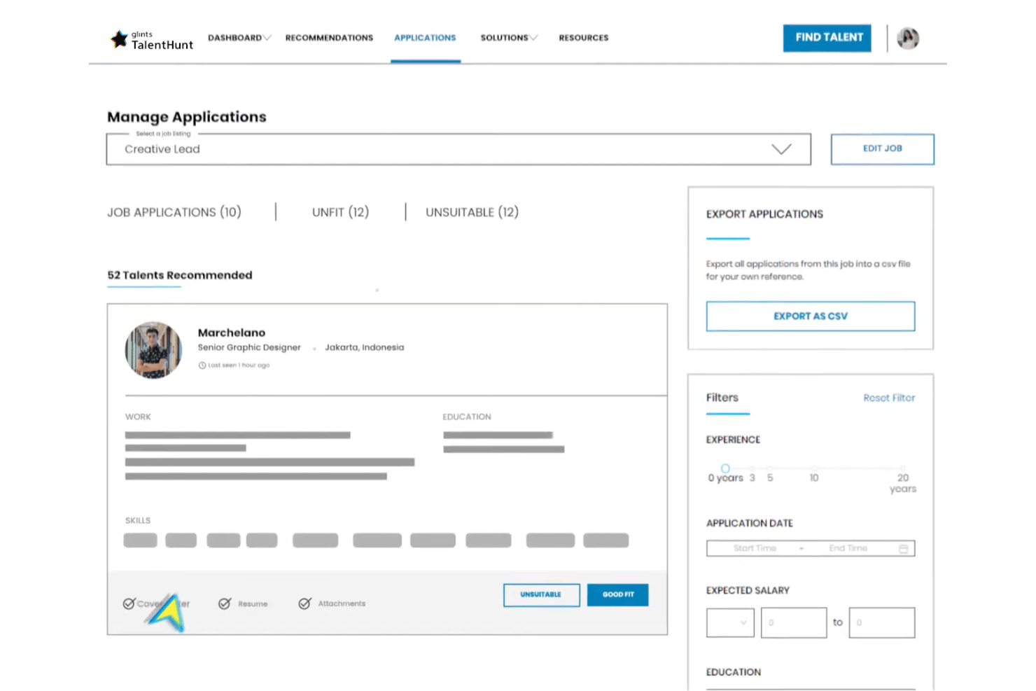 Glints TalentHunt manage applications page showing candidate cards and filters.