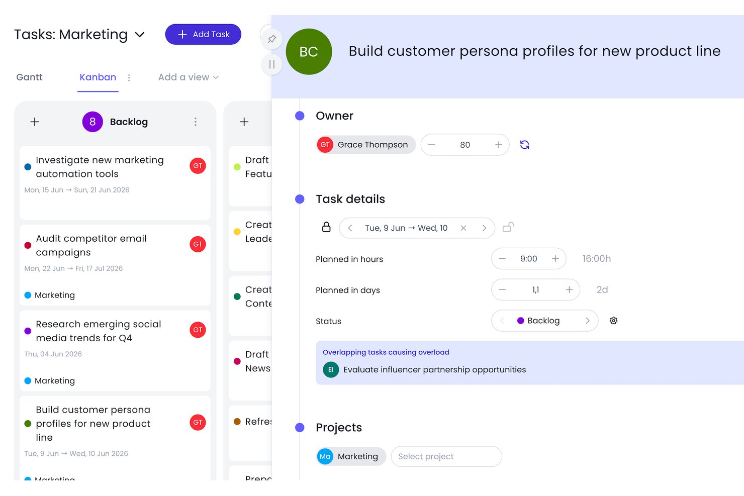Beebole Kanban board showing task details with overload warning for overlapping tasks.