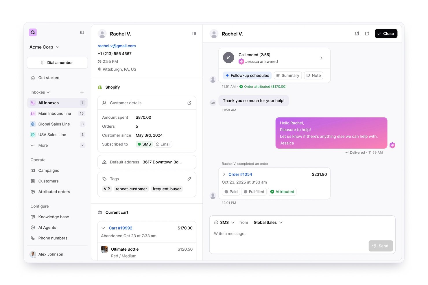 Consio AI:n hallintapaneeli, jossa näkyvät asiakasprofiili, puheluloki, tekstiviestikeskustelu ja Shopify-tilaustiedot.