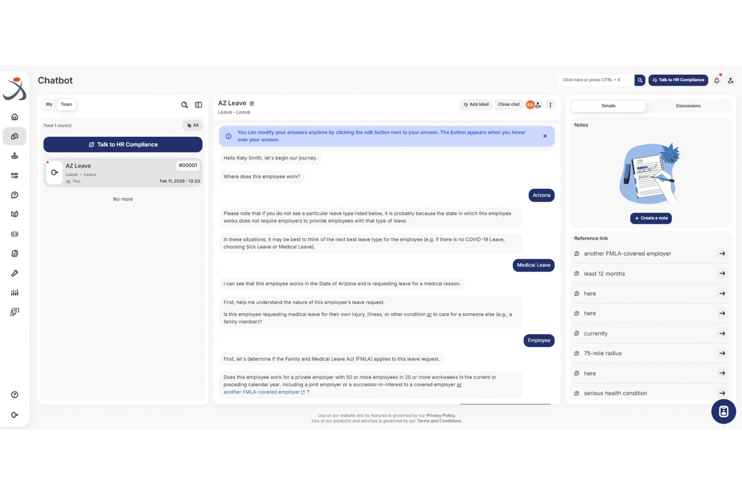 Gränssnitt för en chattbot om HR-efterlevnad som visar ett samtalsflöde om medicinsk ledighet i Arizona.
