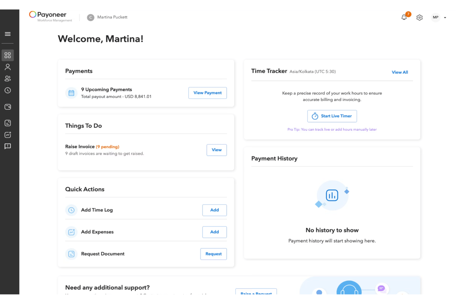 Panel Payoneer Workforce Management wyświetlający płatności, faktury i rejestrator czasu pracy.