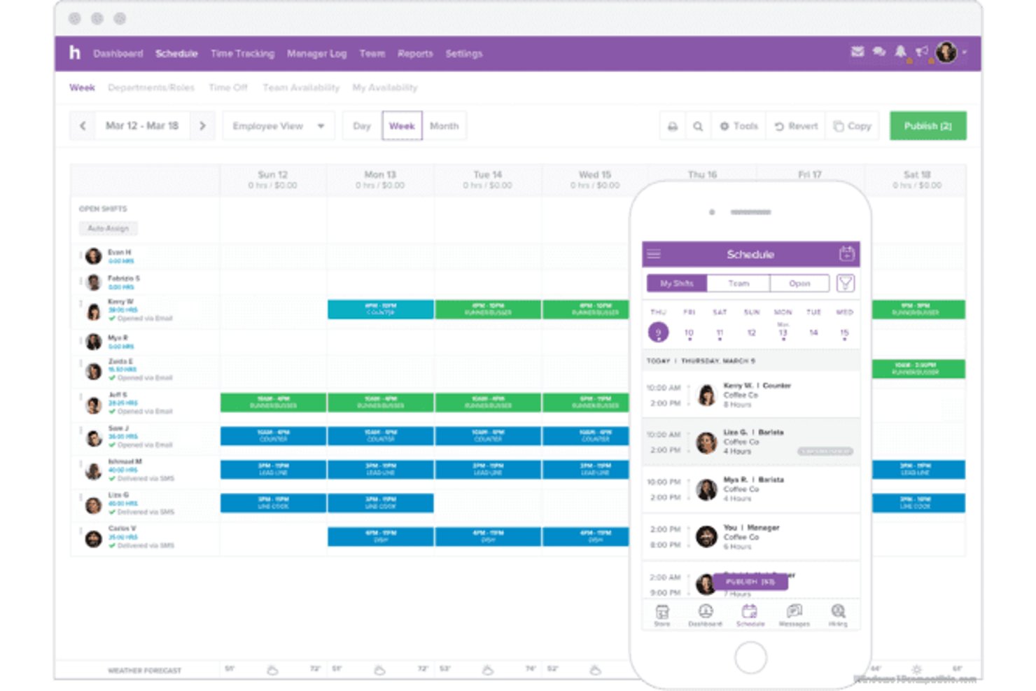 Hive weekly team schedule interface with shift assignments and mobile view.