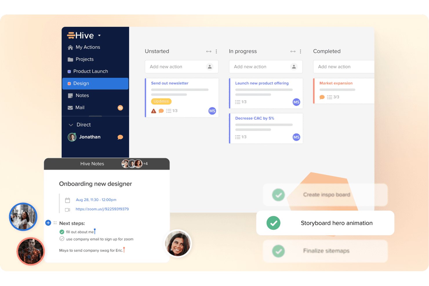 Hive project management UI showing Kanban board, notes, and task cards.