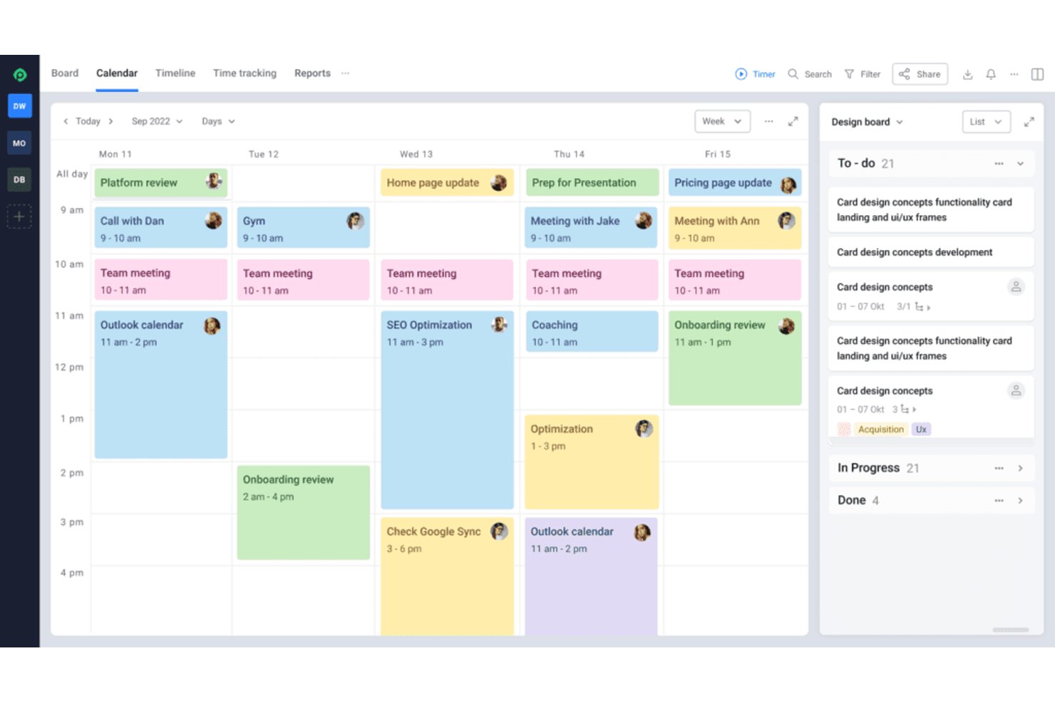 Hive calendar view showing weekly schedule with color-coded tasks and a task list panel.