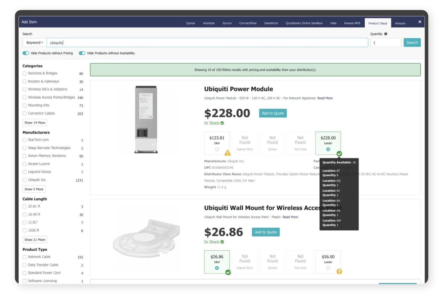 Productzoekopdracht in Quoter met Ubiquiti-items, prijzen en beschikbaarheid bij distributeurs.