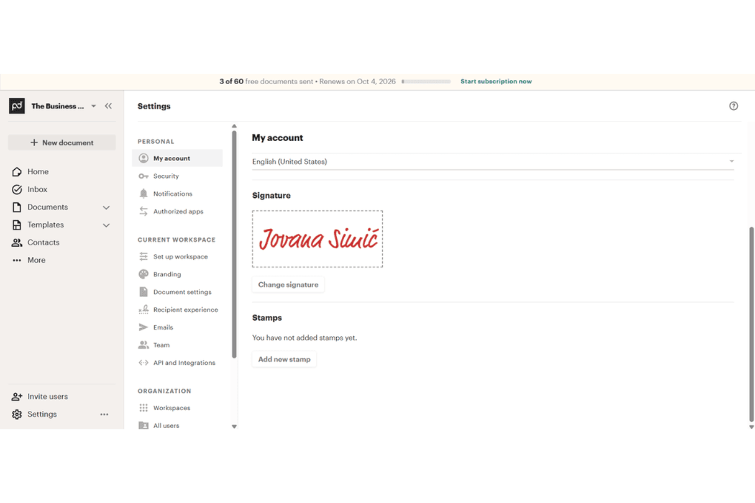 PandaDoc-instellingenpagina met opties voor handtekeningen, stempels en accounts.