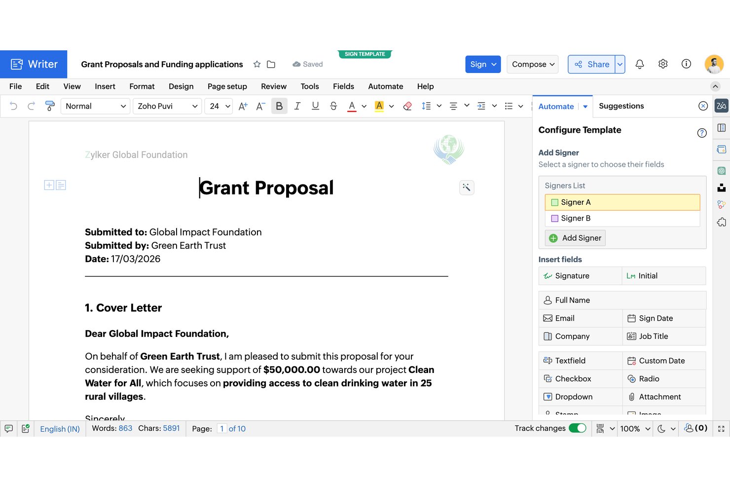 Sjabloon voor een subsidievoorstel in Zoho Writer met het configuratiepaneel voor elektronische handtekeningen geopend.