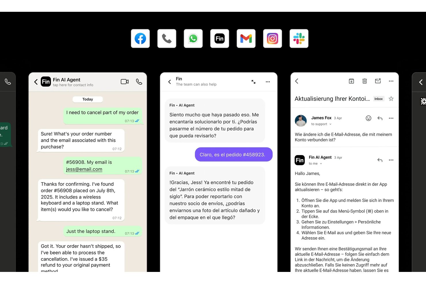 Finin tekoälyagentti käsittelee asiakkaiden keskusteluja WhatsAppissa, reaaliaikaisessa chatissa ja sähköpostissa kolmella näytöllä.