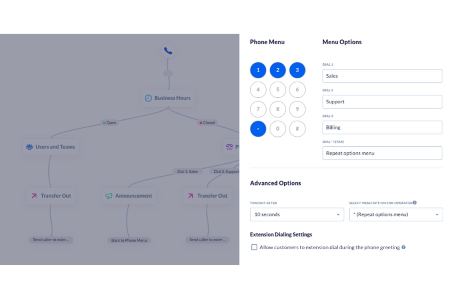 Nextiva IVR call flow builder with phone menu and dial options configured.