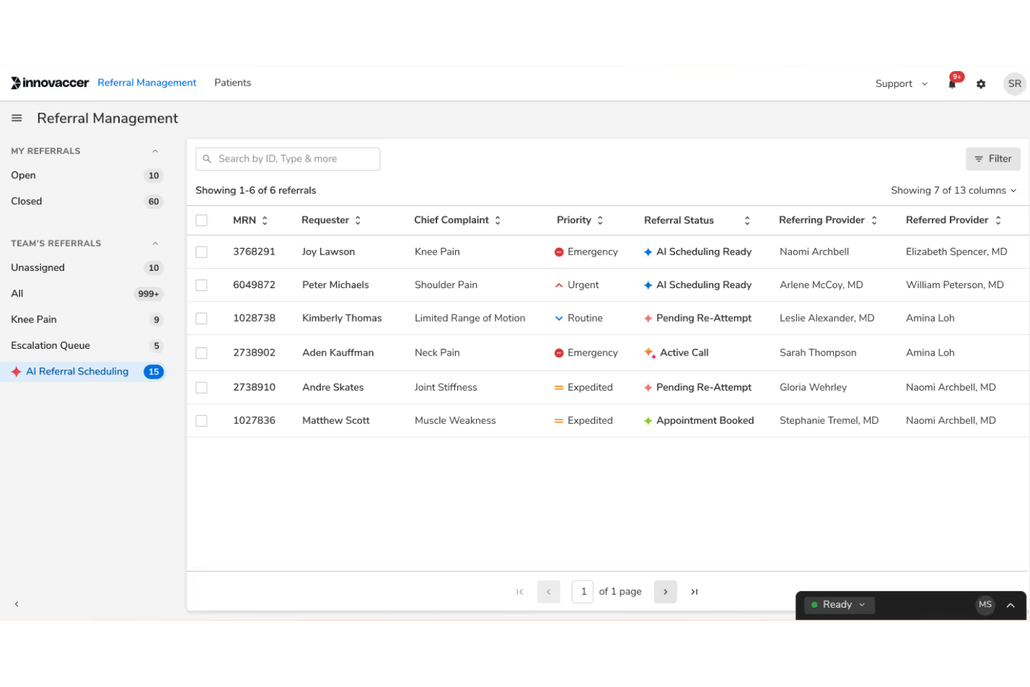 Innovaccer Referral Management dashboard listing six patient referrals with priority and status.