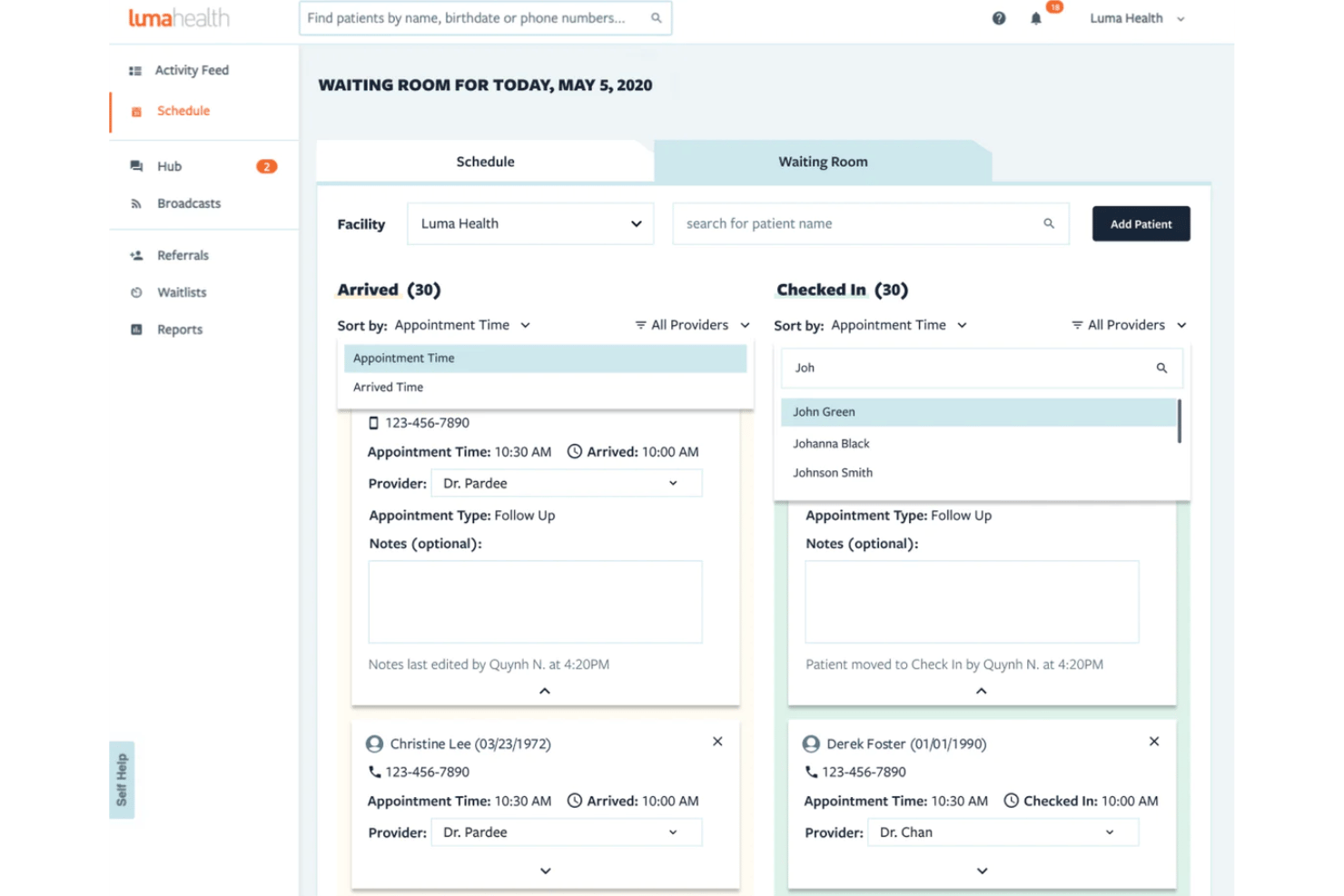 Luma Health waiting room dashboard showing arrived and checked-in patient lists.