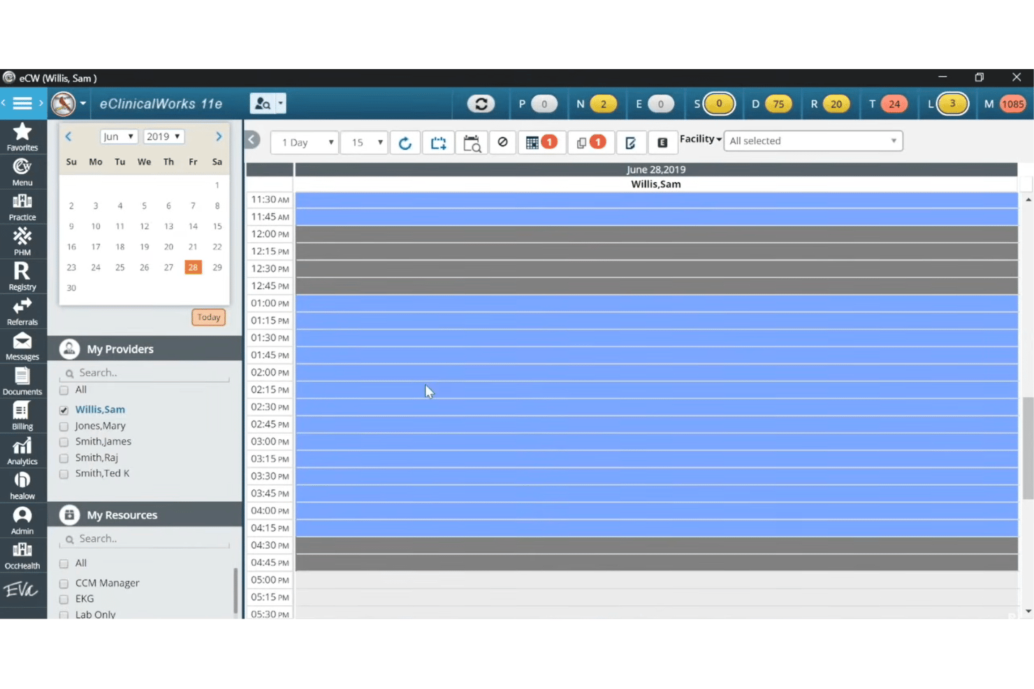 eClinicalWorks scheduler showing Willis Sam daily calendar for June 28 2019.