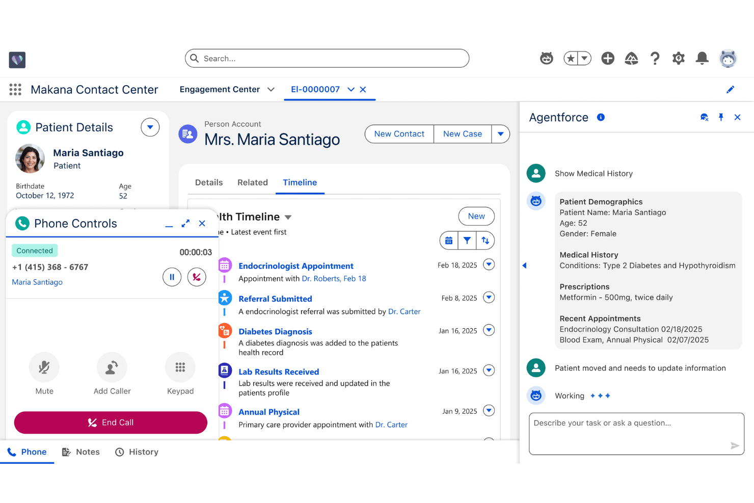 Healthcare CRM showing patient details, health timeline, and Agentforce AI panel during a call.