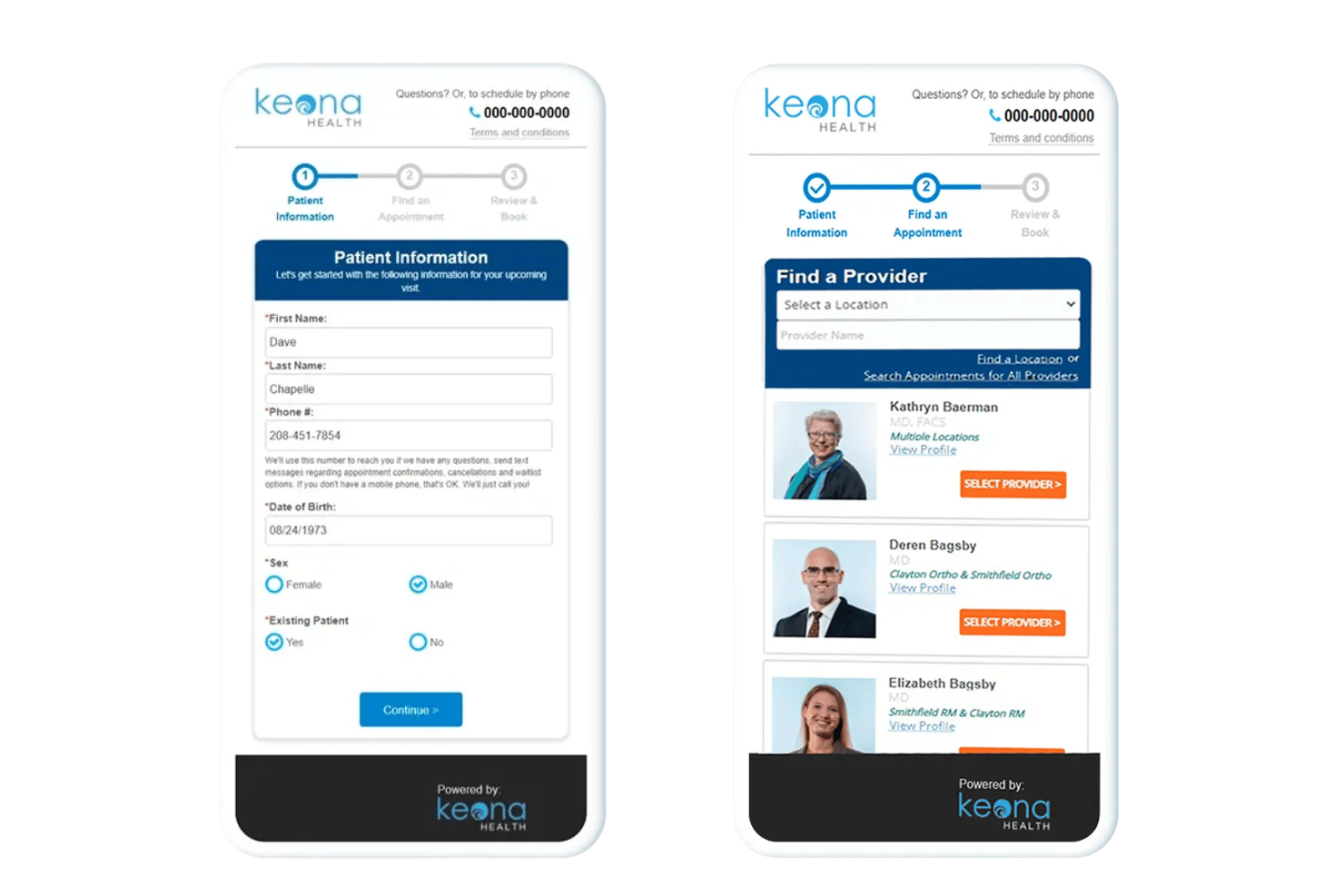 Two mobile screens showing Keona Health patient intake and provider selection forms.