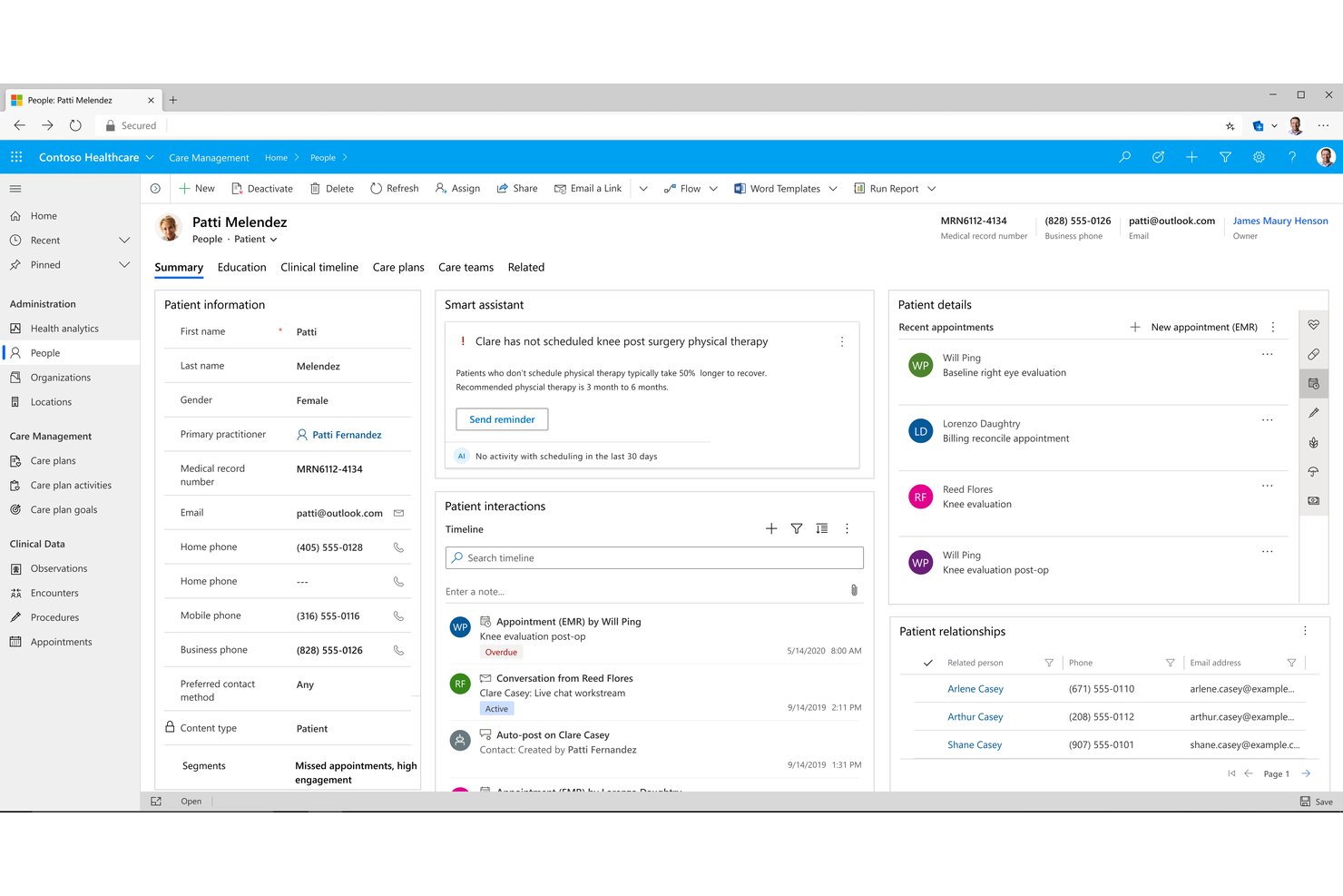 Patient profile dashboard showing smart assistant alerts, timeline, and care details.