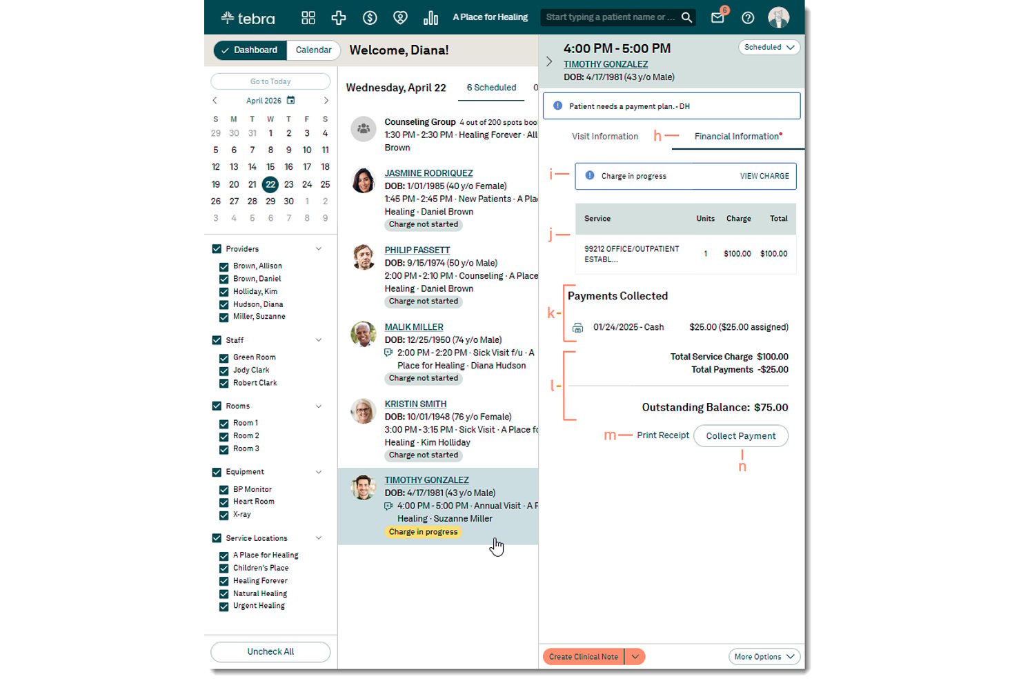 Tebra dashboard showing patient appointment financial details with outstanding balance and payment options.
