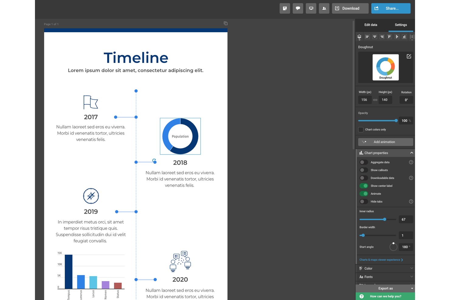 Infogram timeline infographic with doughnut chart and settings panel open.