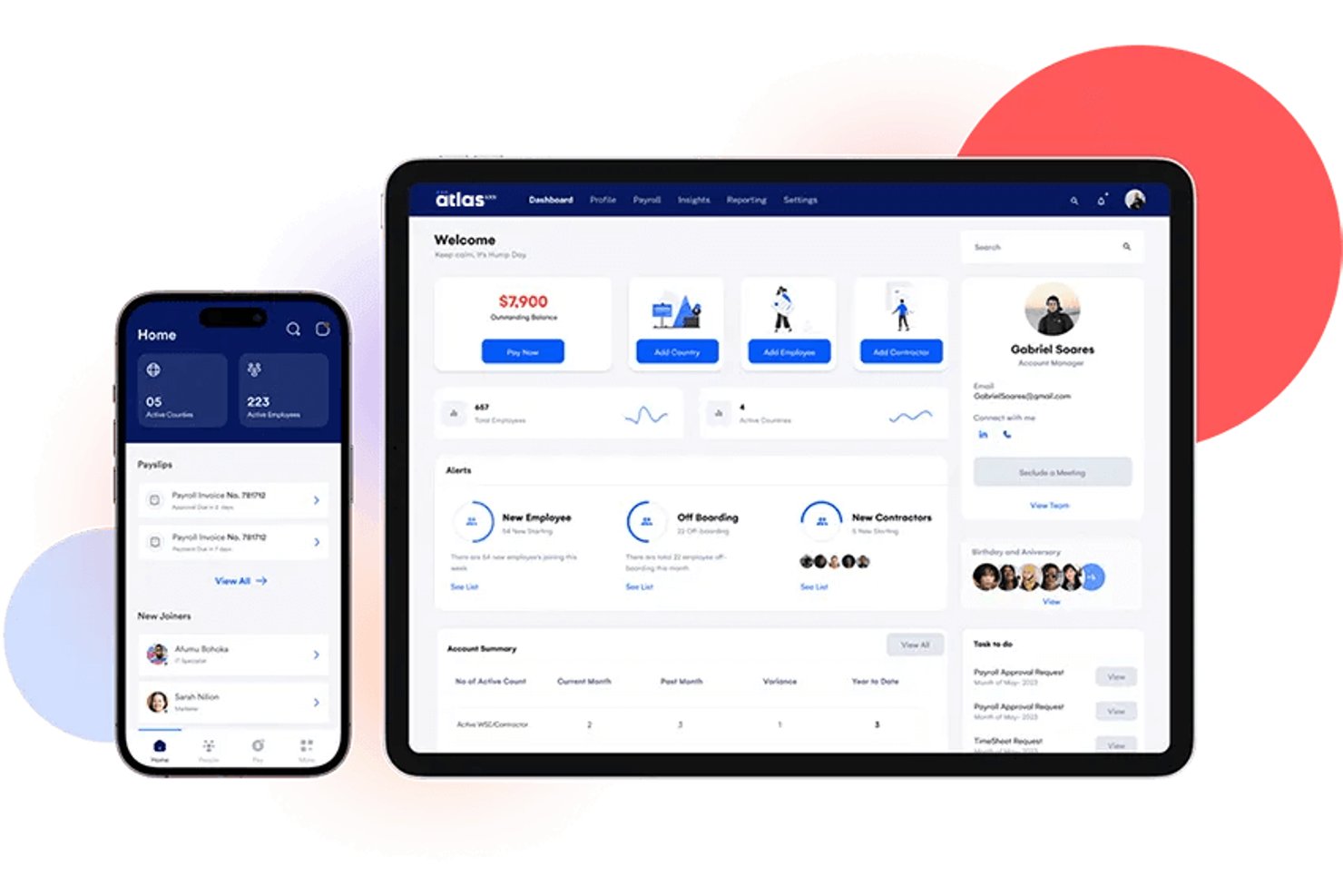 Atlas HXM dashboard shown on a smartphone and tablet side by side.